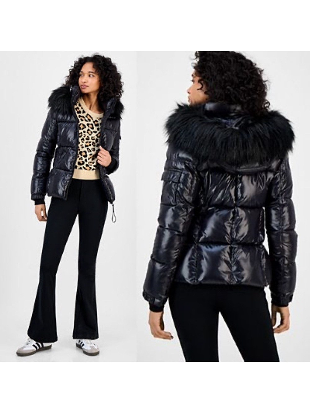 S13 Hooded Allie Faux-Fur-Trim Hooded Puffer Coat in Black, Size XL, NEW w/Tag